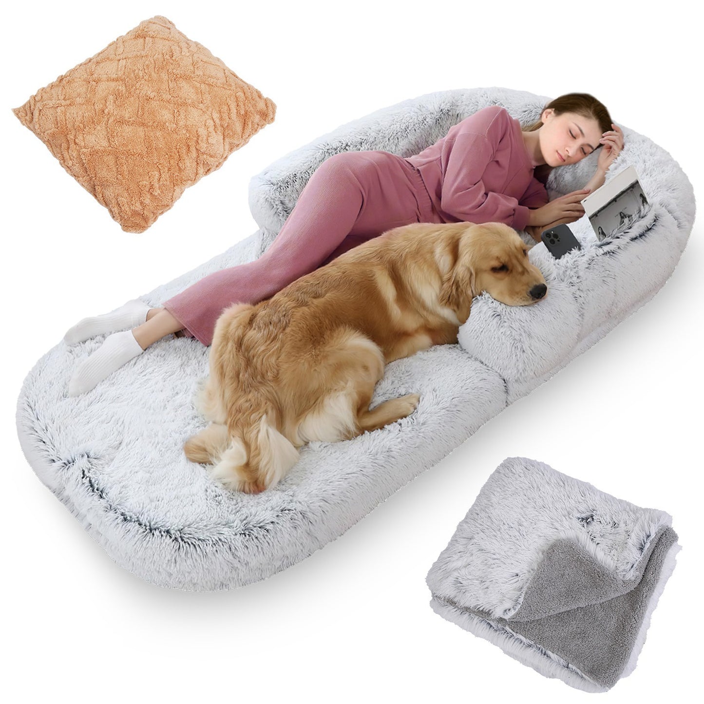 Large Foldable Human Size Dog Bed With Pillow Blanket Flurry