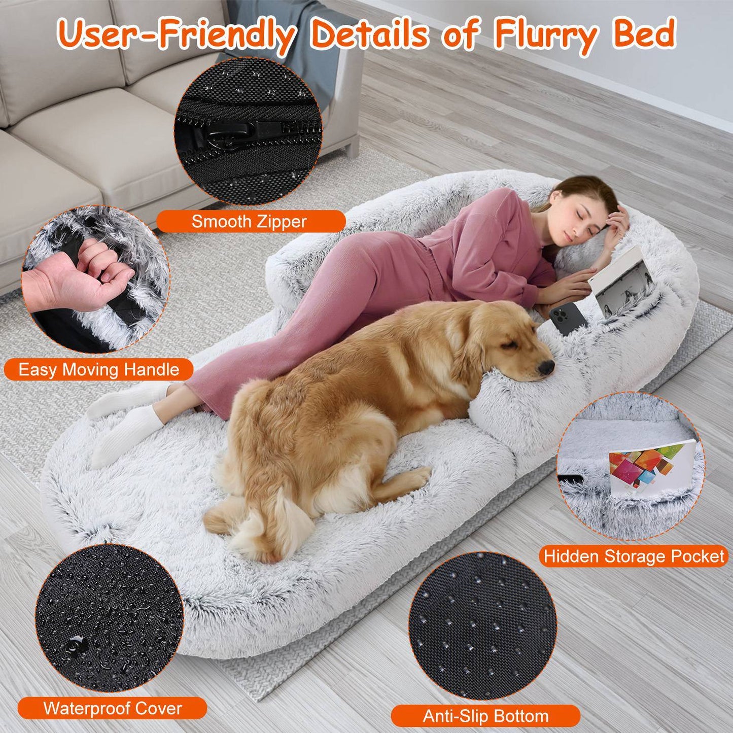 Large Foldable Human Size Dog Bed With Pillow Blanket Flurry