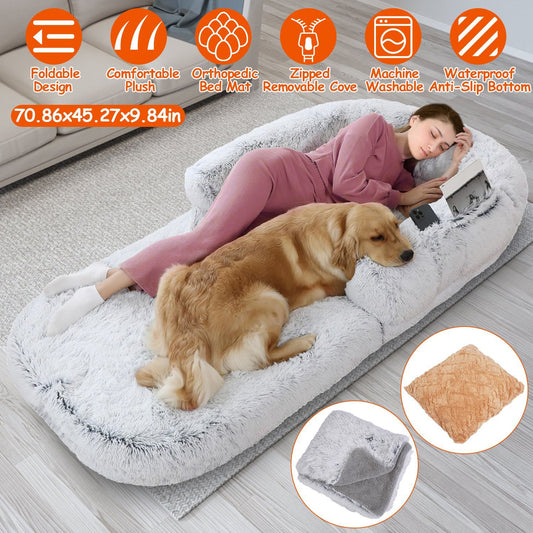 Large Foldable Human Size Dog Bed With Pillow Blanket Flurry